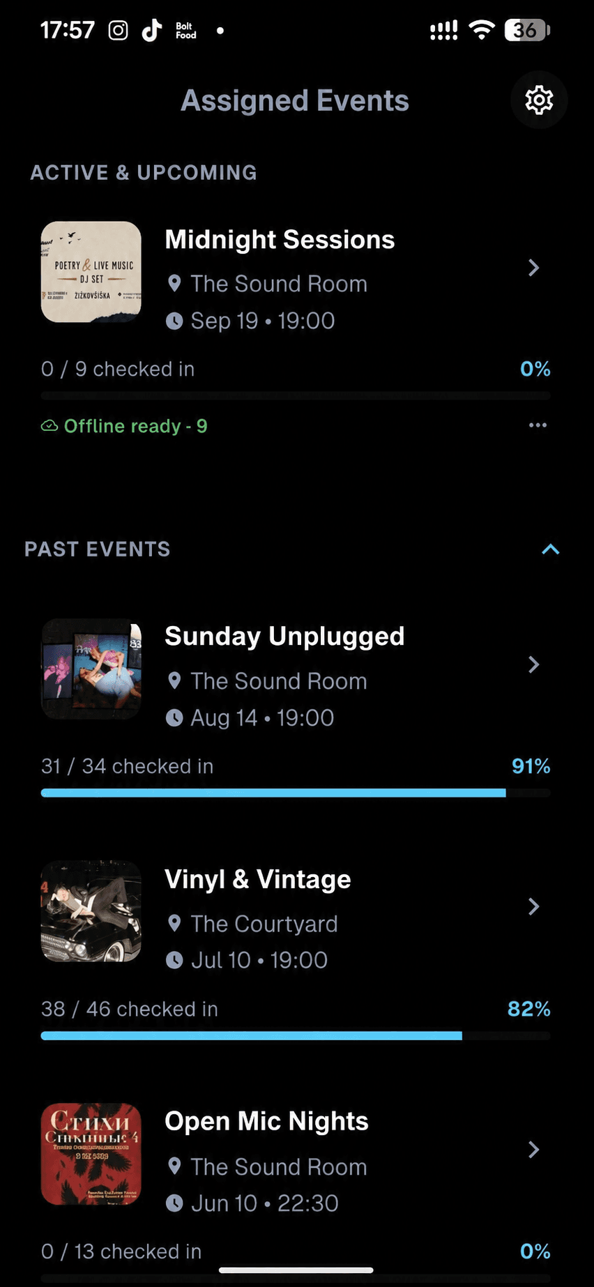 Zugewiesene TixFlow-Events mit Check-in-Fortschritt und offline verfügbaren Tickets